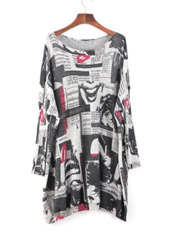Urban Loose One-Shoulder Printed Split-Joint Sweater
