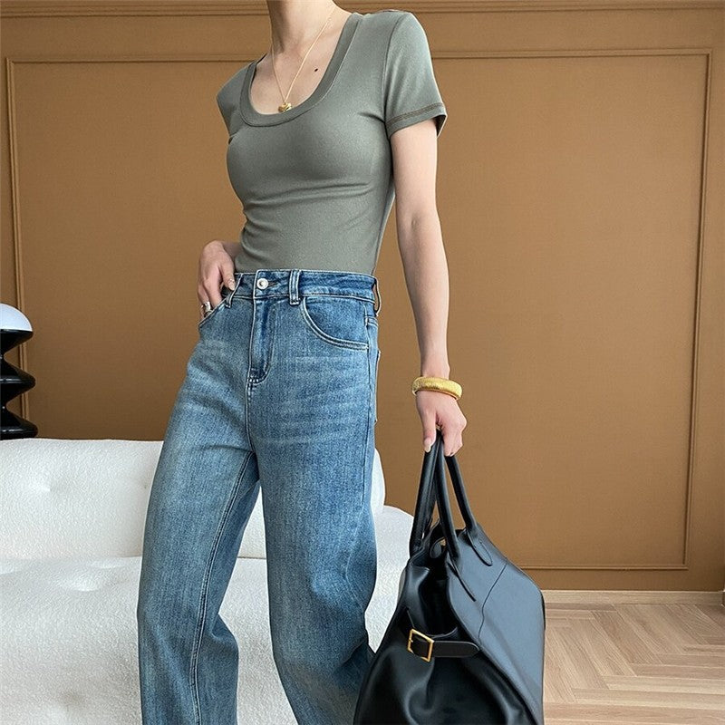V-Neck T-Shirt with Unique Outer Seam Stitching