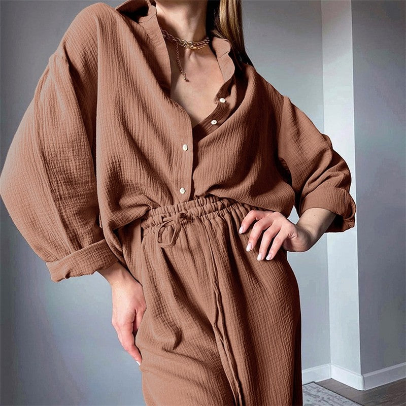 Solid Color Long Sleeve Lapel Buttoned Blouse and Pants Two-piece Lounge Set