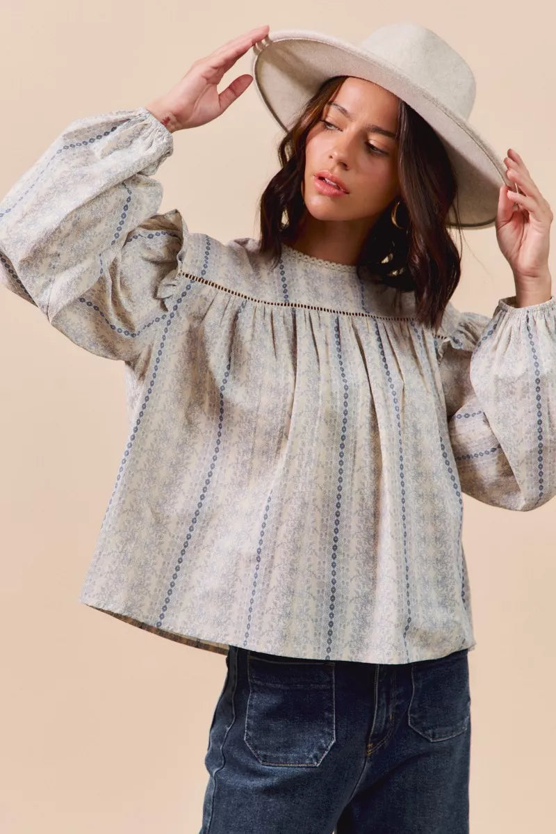 Floral Cotton Print Ruffled Long Sleeve Blouse