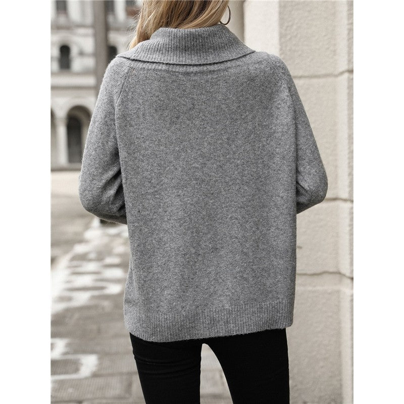 Solid Color Long Sleeve Pile Collar Casual Pullover Sweater
