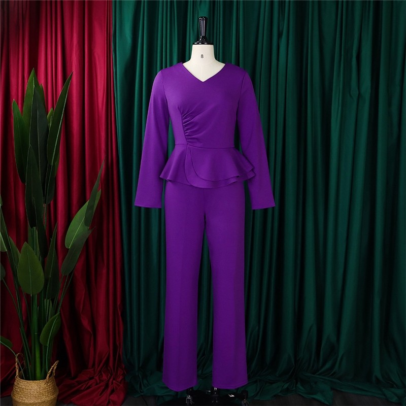 Solid Color Ruffle V-Neck Two-Piece Set