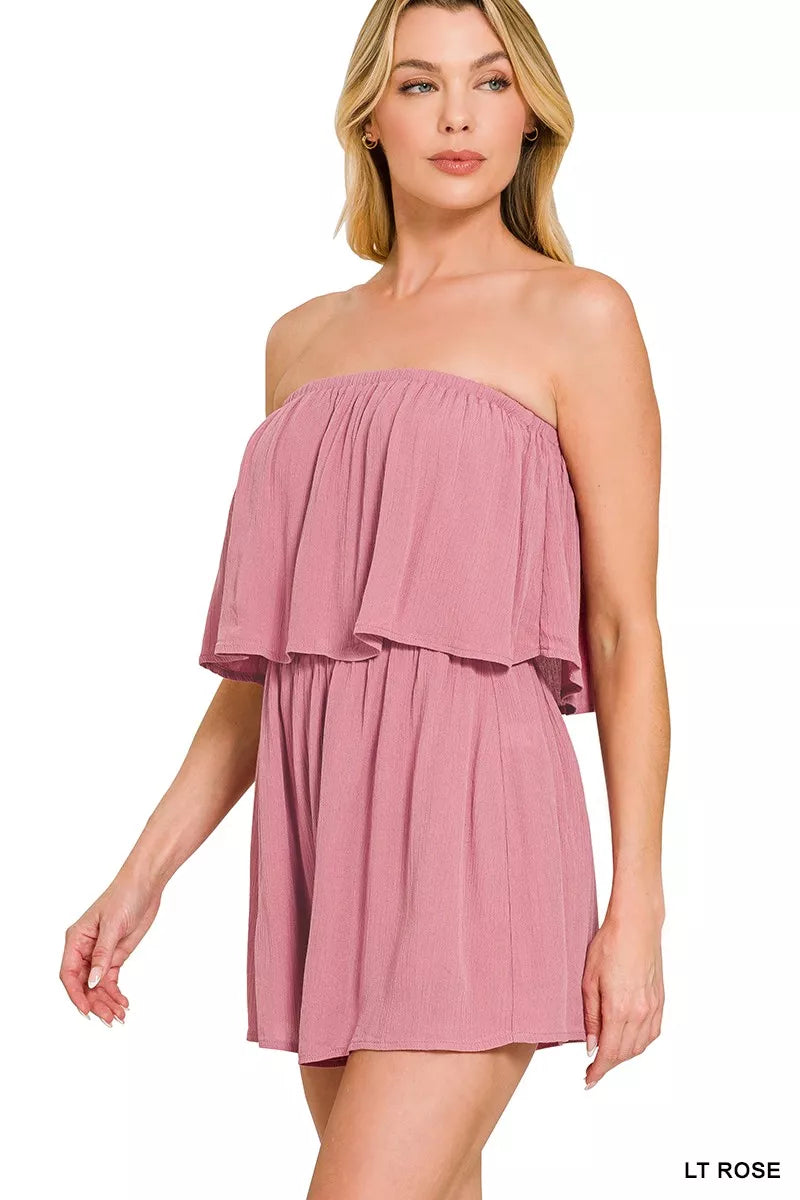 Woven Crinkle Strapless Rompers