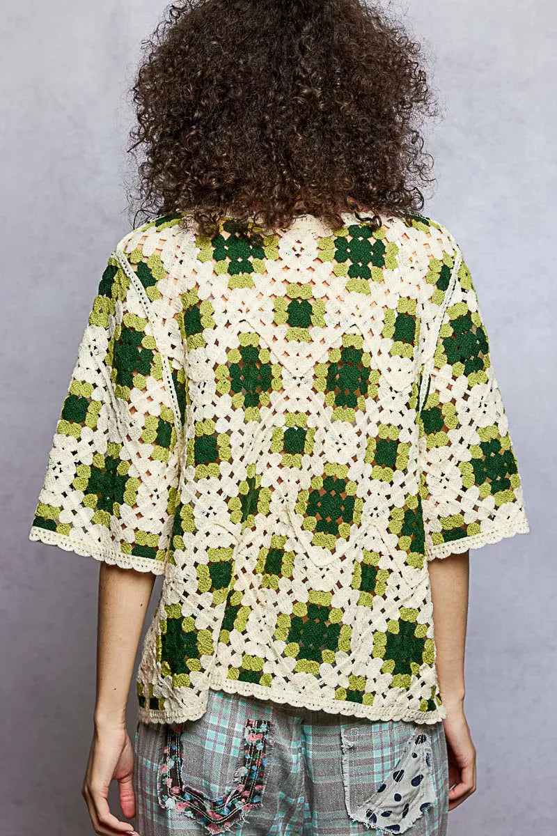 Round Neck Short Sleeve Color Pattern Crochet Top with Border Accents