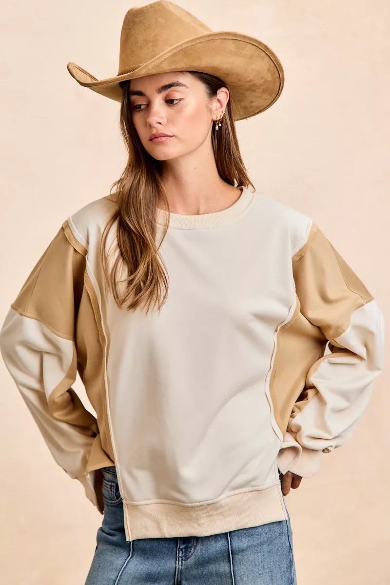 French Terry Color Block Top With Open Seam Detail
