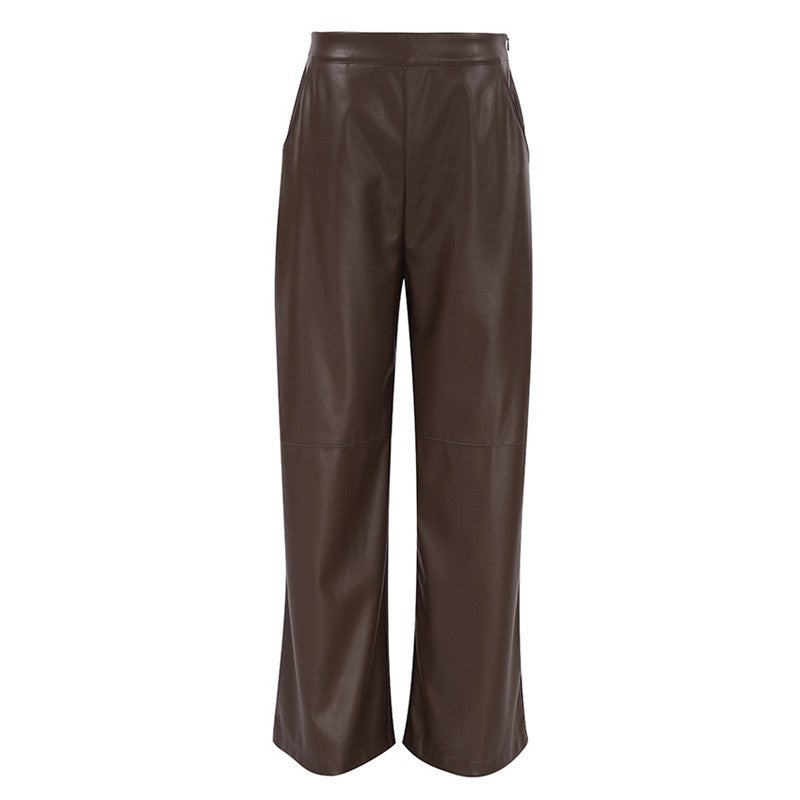 High Waisted Solid Color Straight Leg Faux Leather Pants