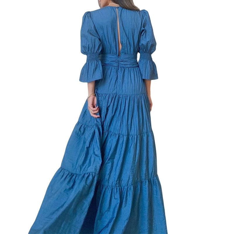 Chic Solid V-Neck Long Sleeve Midi Dress