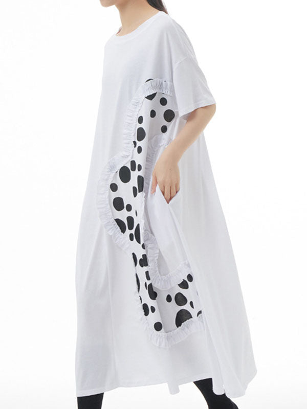 Loose Short Sleeves Polka-Dot Split-Joint Round-Neck Midi Dresses