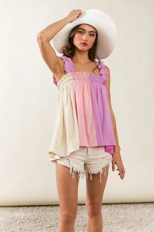 Frill Shoulder Strap Color Block Bodice Top