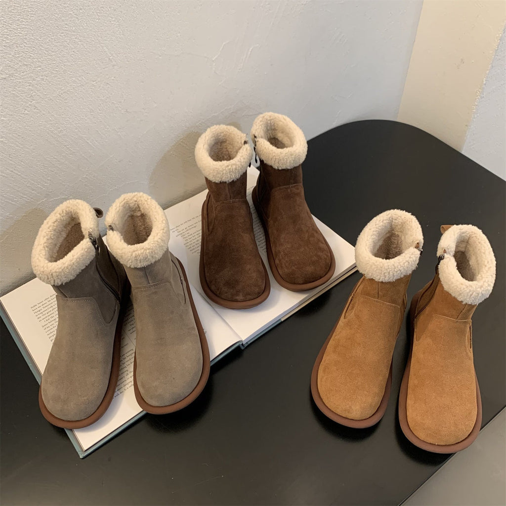 Women's Retro Furry Ankle Boots - Comfortable Side Zipper Low Shaft Boots
