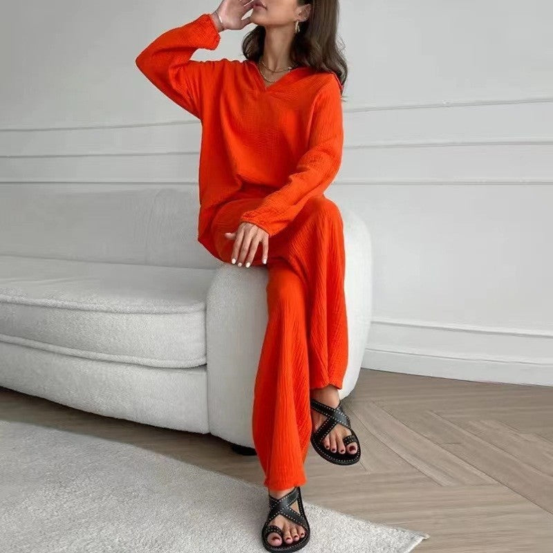 Solid Color Long Sleeve Lapel Blouse and Pants Set