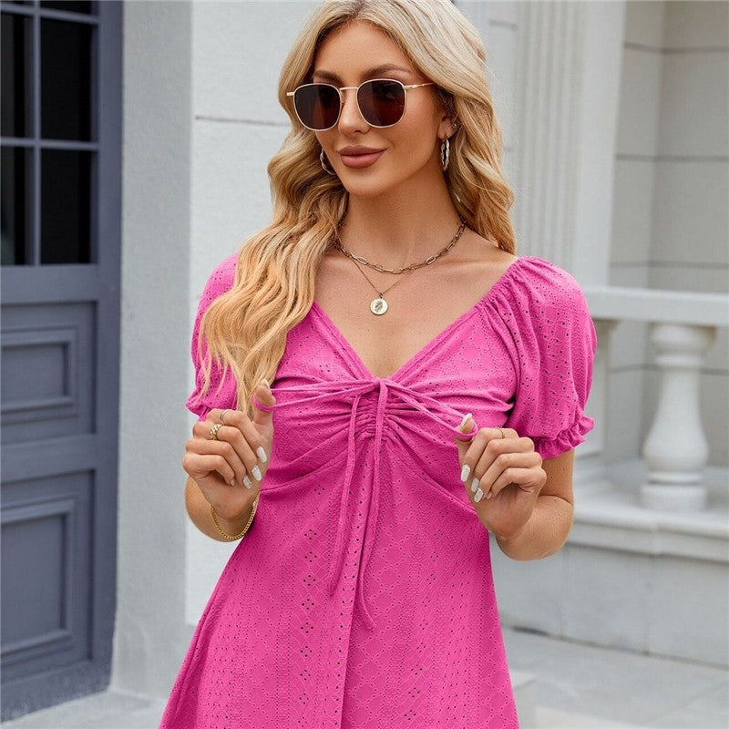 Solid Color V-Neck Tie-Waist Short Sleeve Loose Fit T-Shirt