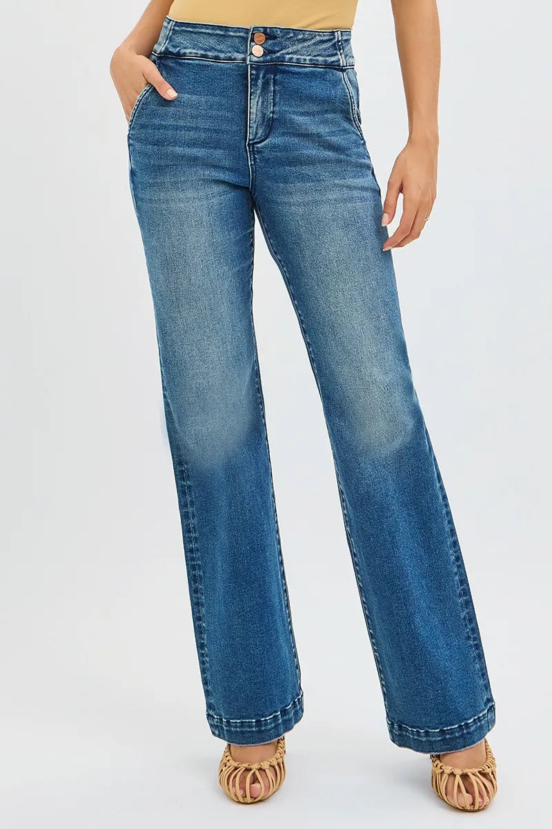 Full Size Tummy Control High Rise Bootcut Jeans with Double Button Waistband Plus Size