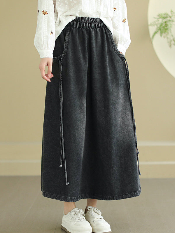 A-Line Loose Elasticity Pockets Tied Skirts Bottoms