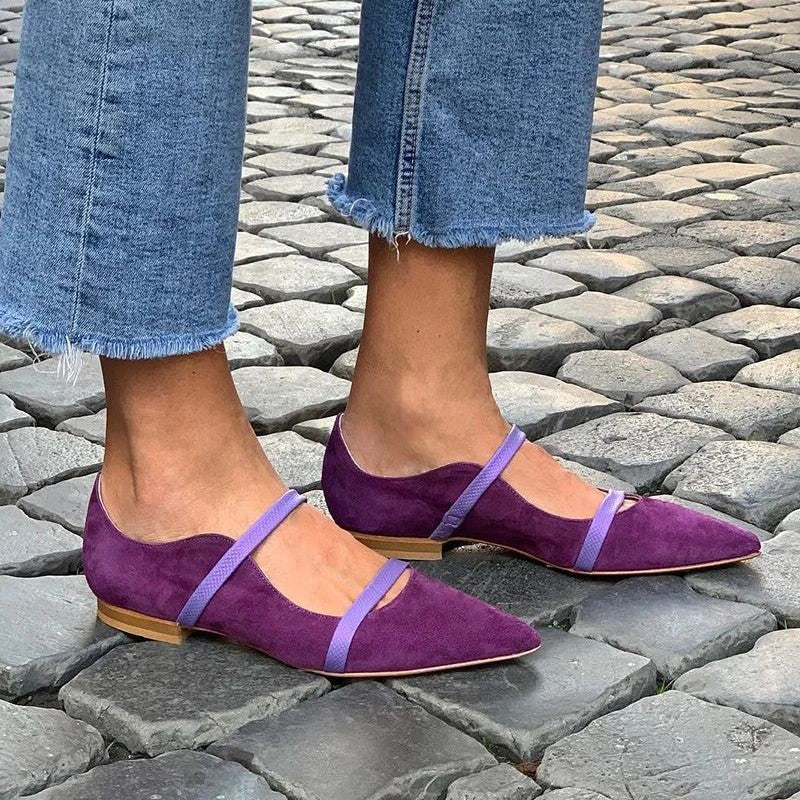 Women's Pointed-Toe Suede Dress Shoes with Rhinestone Straps | Low Chunky Heel
