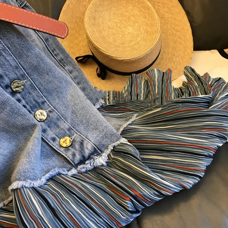 Denim Patchwork High Waisted A-Line Skirt
