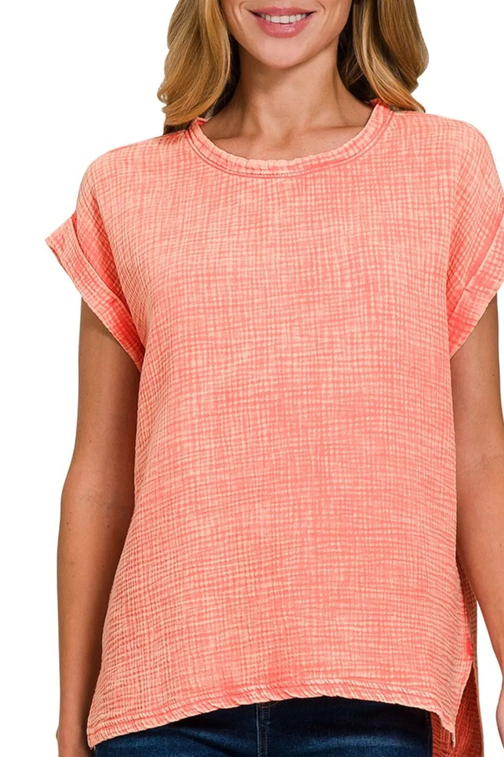 Woven Double Gauze Acid Washed Short Sleeve Top