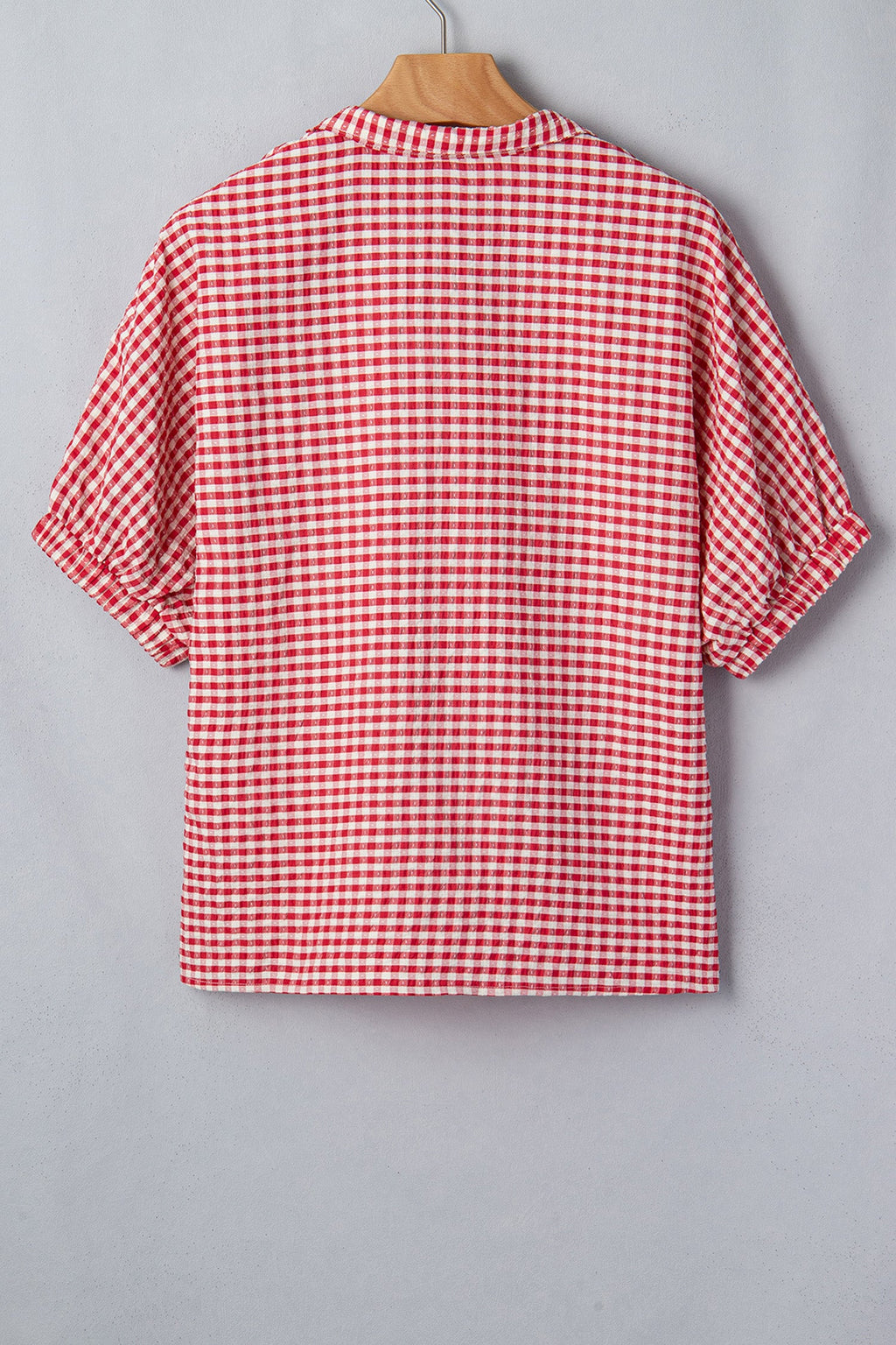 Red Plaid Short Sleeve Colorblock Trim Split Neck Blouse