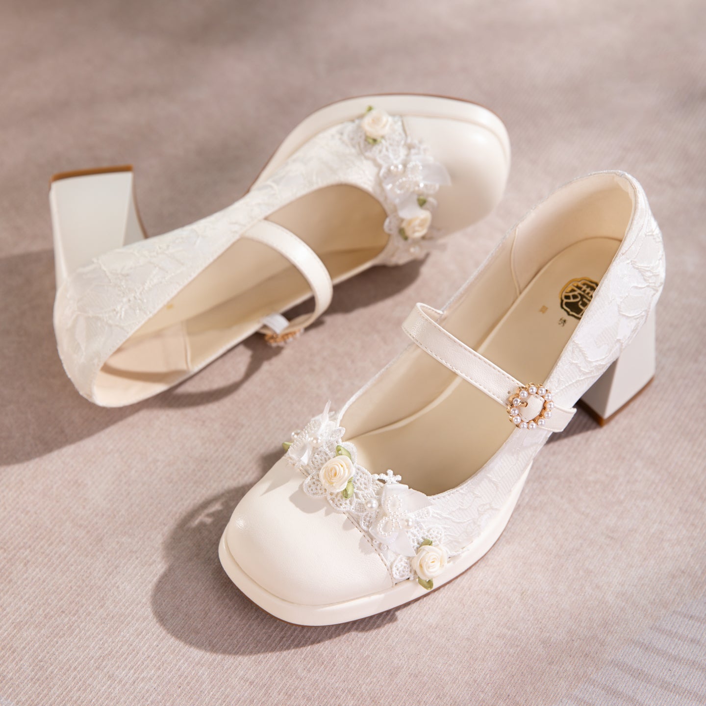 Women's Lace Mary Jane Platform Heels | Pearl Buckle Bridal Shoes