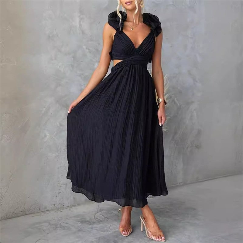 Sleeveless Pleated Dress with Belt - Solid Color