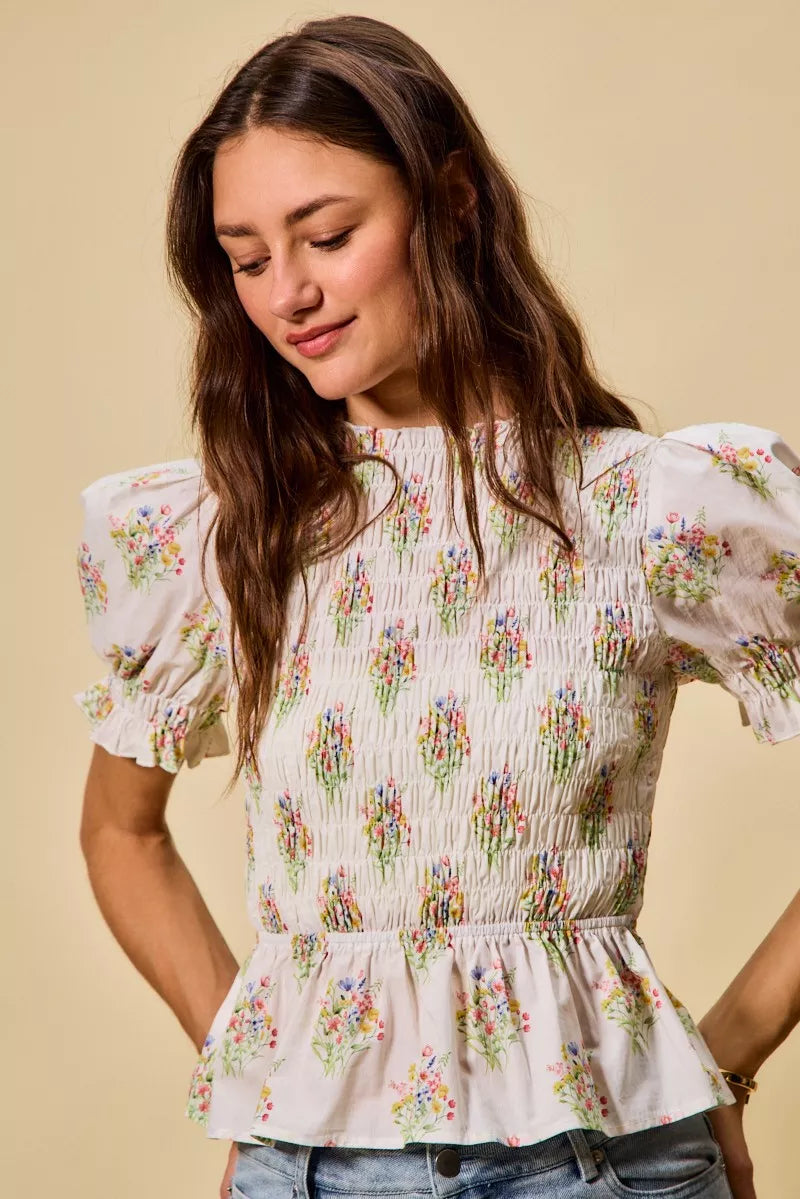 Floral Cotton Smocked Short Sleeves Blouse
