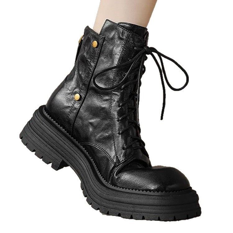 Women's Chunky Sole Lace-Up Ankle Boots - Warm Winter Faux Leather Boots with Tassel Detail