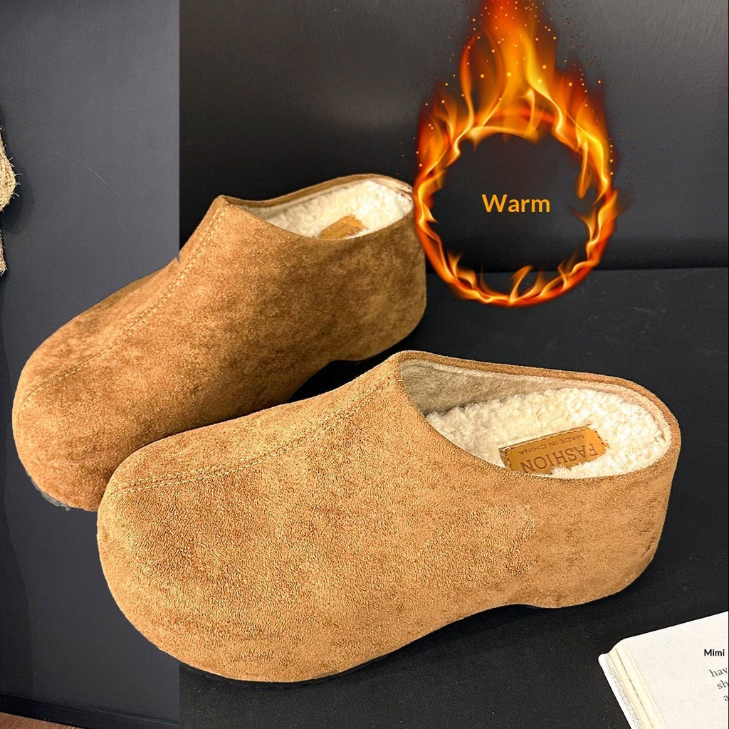 Women's Round-Toe Chunky Heel Platform Half Slippers | Faux Fur Lined Suede Mule Shoes