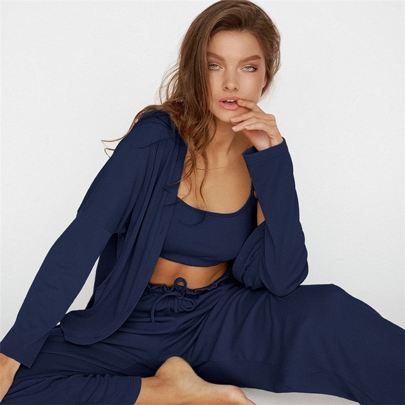 Three-Piece Cozy Home Ensemble - Tank Top, Lounge Pants, Long Robe
