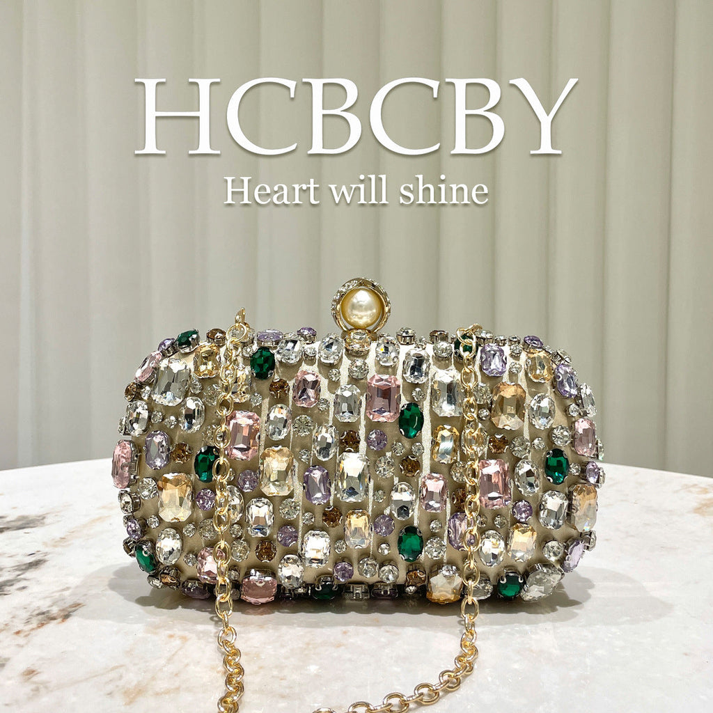 Elegant Gold Rhinestone Evening Clutch with Chain Strap - Women's Formal Handbag