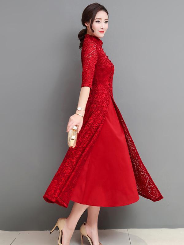 Red&Green Lace A-line Long Cheongsam Ao Dai