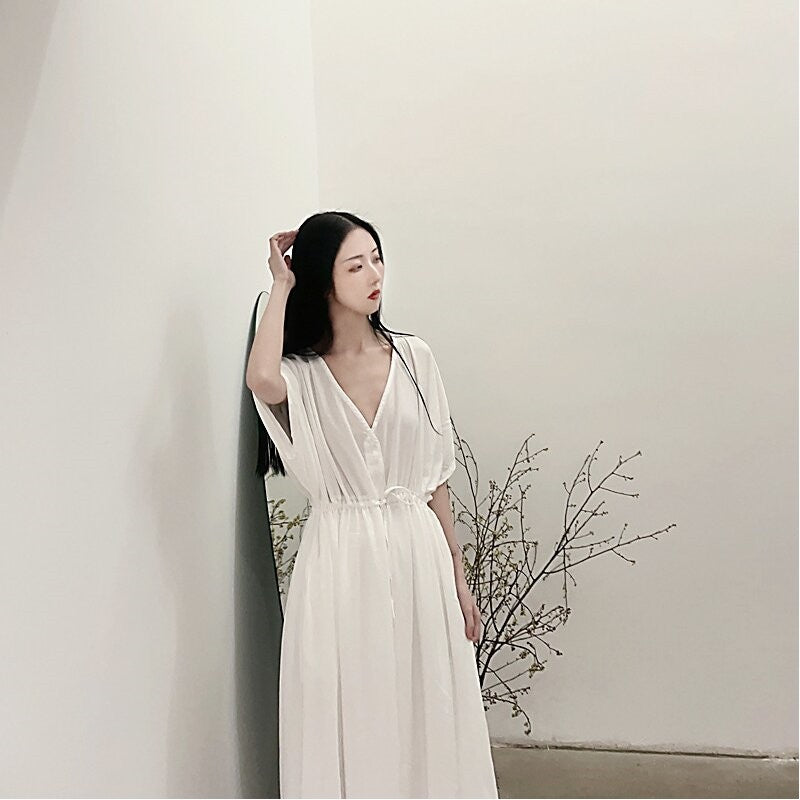 V-Neck Waist-Cinched Slim Fit Dress in Solid Color