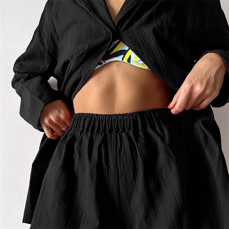 Solid Color Long Sleeve Lapel Single Breasted Blouse and Shorts Set - Stylish Loungewear