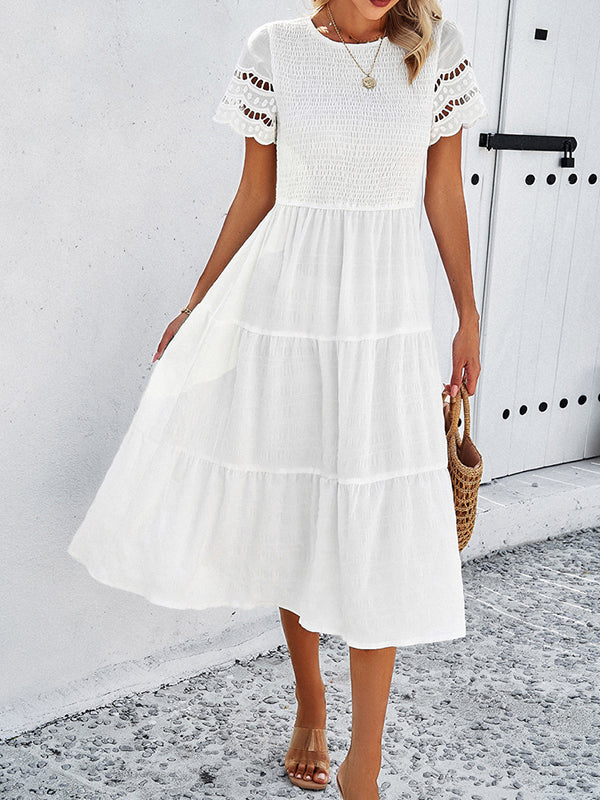 A-Line Loose Elasticity Hollow Solid Color Split-Joint Round-Neck Midi Dresses