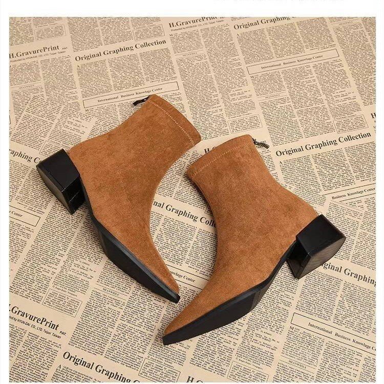 Women's Pointed-Toe Chunky Heel Boots | Back Zipper | Leopard Print, Black, Yellow, Brown