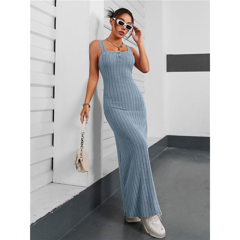 Solid Color Sleeveless Square Neck Slim Knitted Maxi Dress