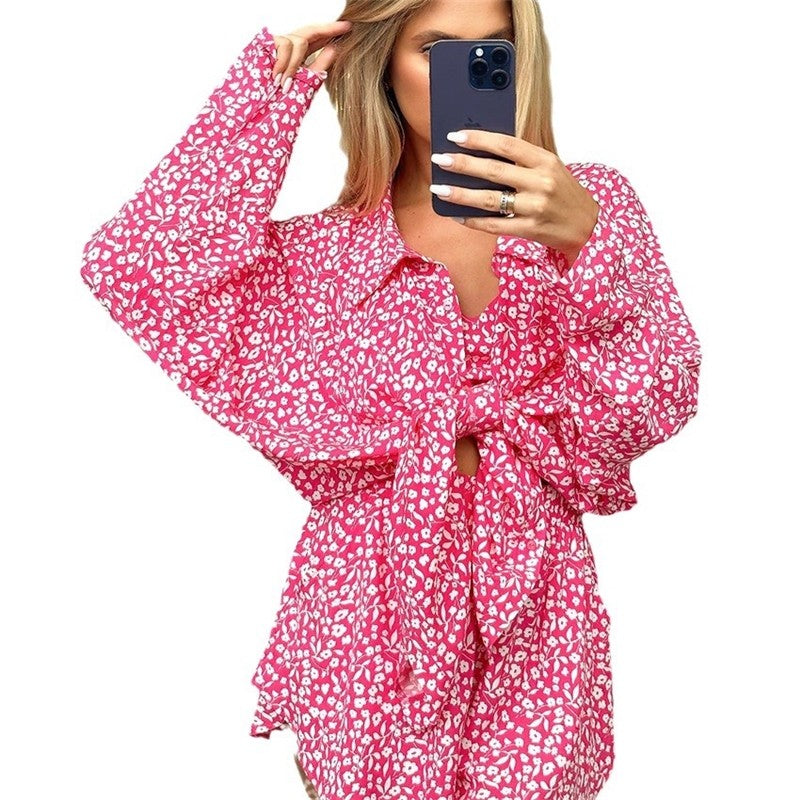 Floral Print Long Sleeve Top and Shorts Three-Piece Lounge Set