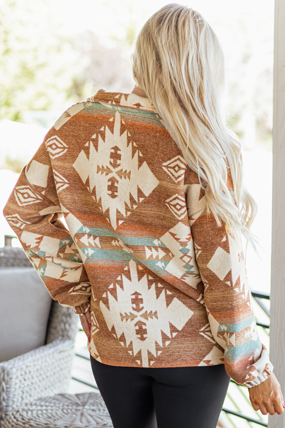 Khaki Quarter Zip Elastic Cuffs Aztec Sweatshirt
