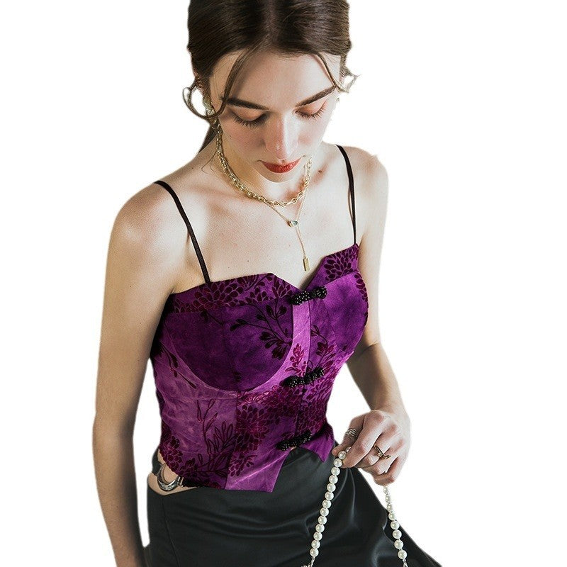 Sleek Embroidered Retro Vest with Spaghetti Straps