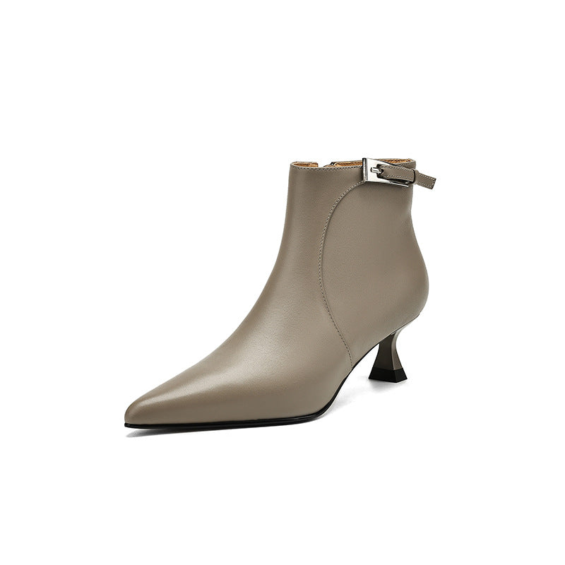 Women's Pointed-Toe High-Heel Ankle Boots - Leather Stiletto Boots with Buckle Strap & Side Zipper