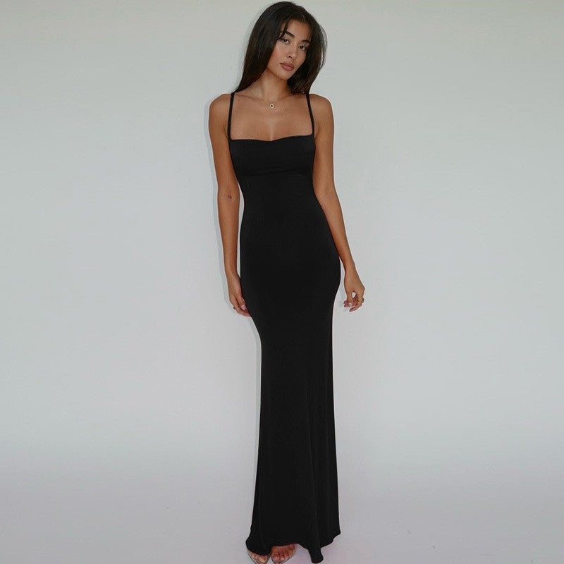 Solid Color Backless Spaghetti Strap Dress