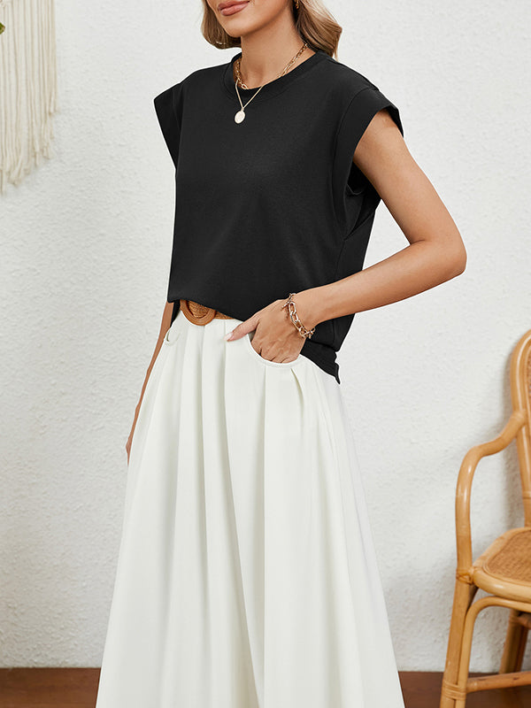 Loose Short Sleeves Solid Color Split-Joint Round-Neck T-Shirts