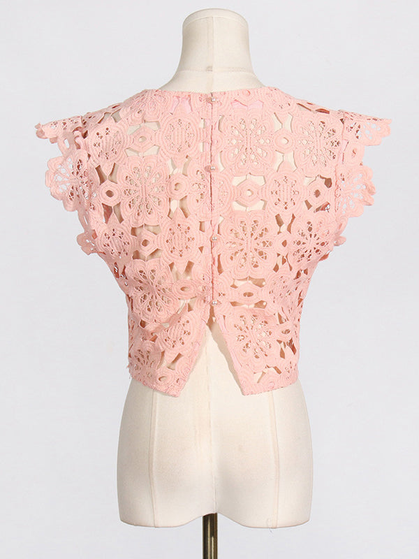 Flower Print Hollow Jacquard Solid Color Round-Neck Vest Top + Ruffle Trim Bodycon High-Low Skirts Bottom Two Pieces Set