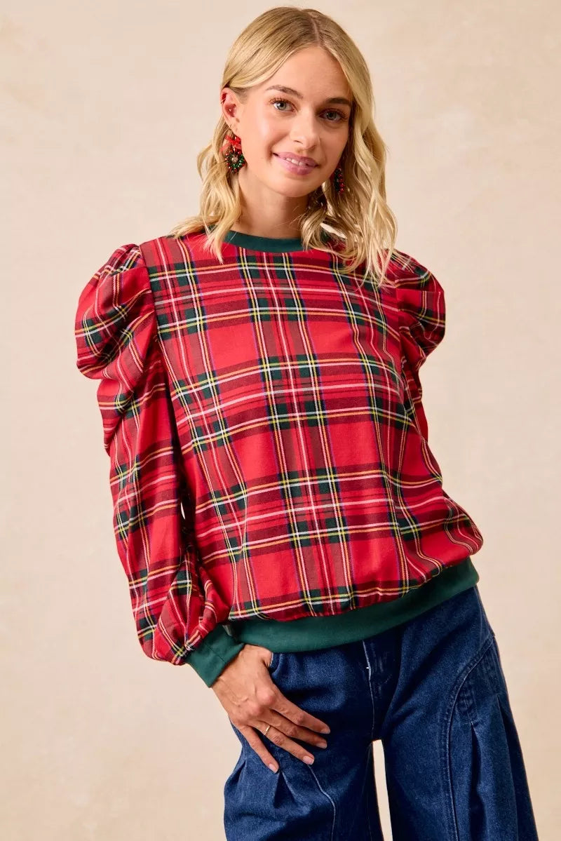 Christmas Plaid Exaggerated Shoulder Sleeves Top