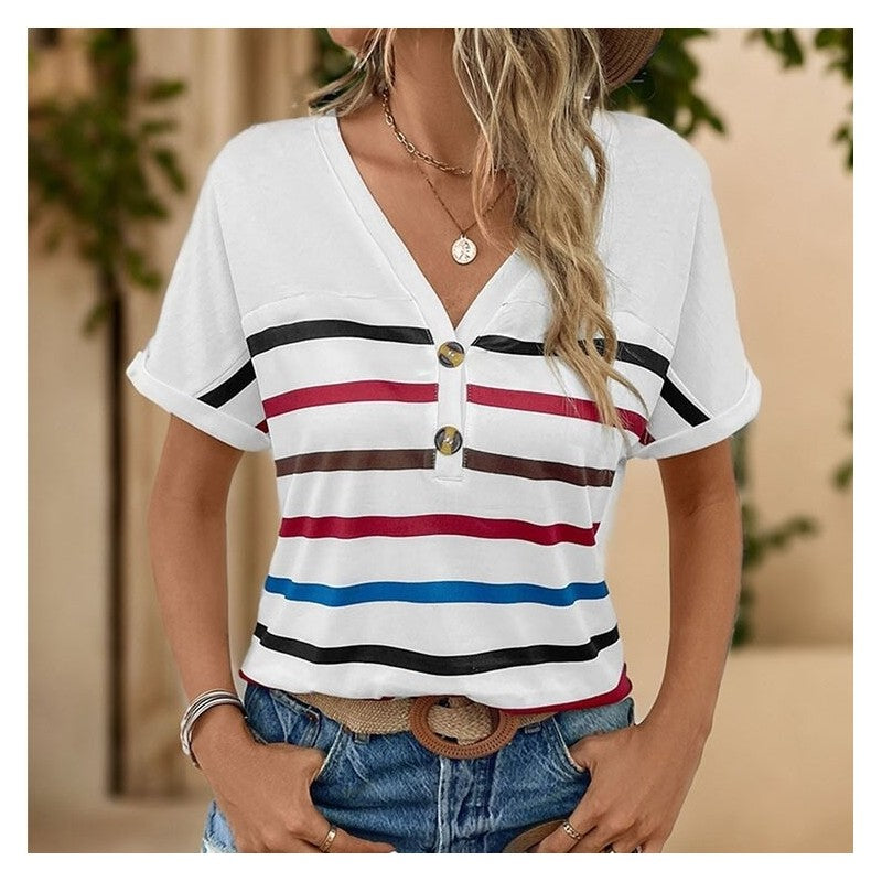 Off-Shoulder Striped Short-Sleeve T-Shirt with Versatile Styling