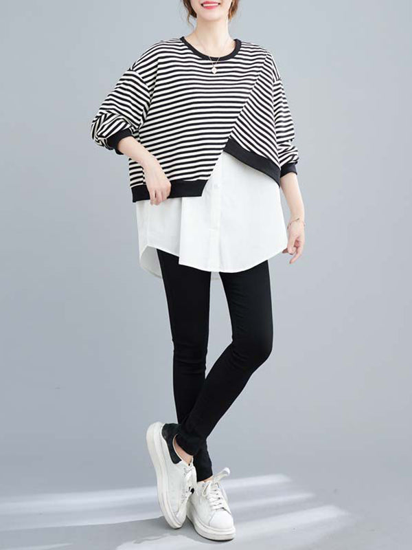 Original Long Sleeves False Two Striped Round-Neck Hoodies&Sweatshirt Tops