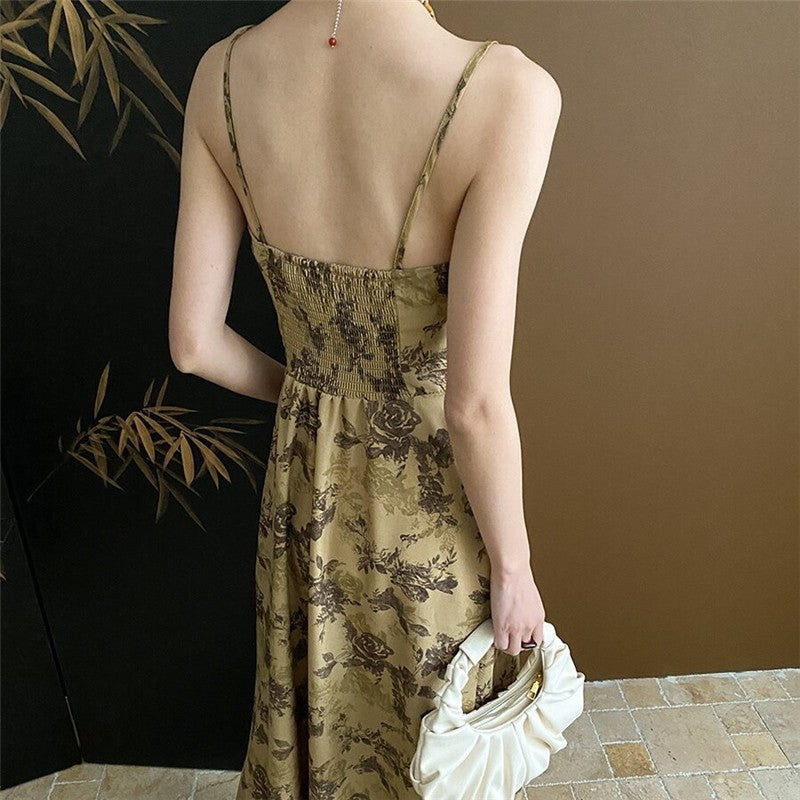 Floral Ink Print Strappy Waist-Tie Cami Dress