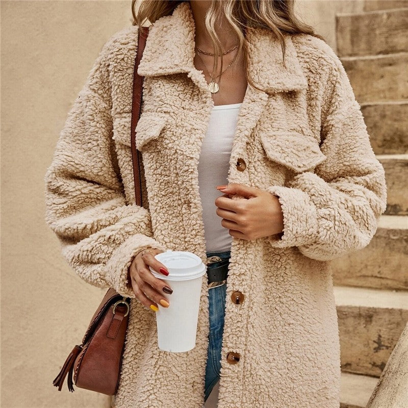 Solid Color Lapel Woolen Open-Front Overcoat