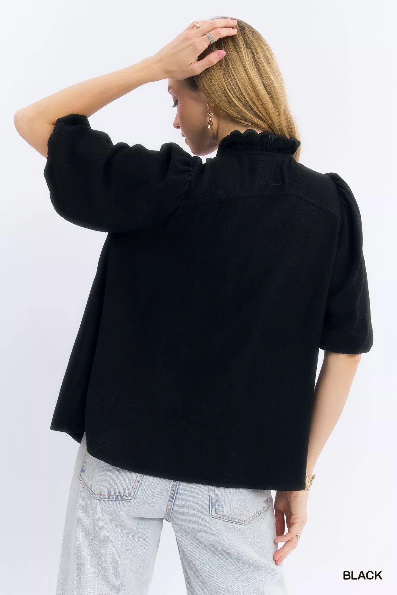 Linen Scallop Trim V-Neck Blouse