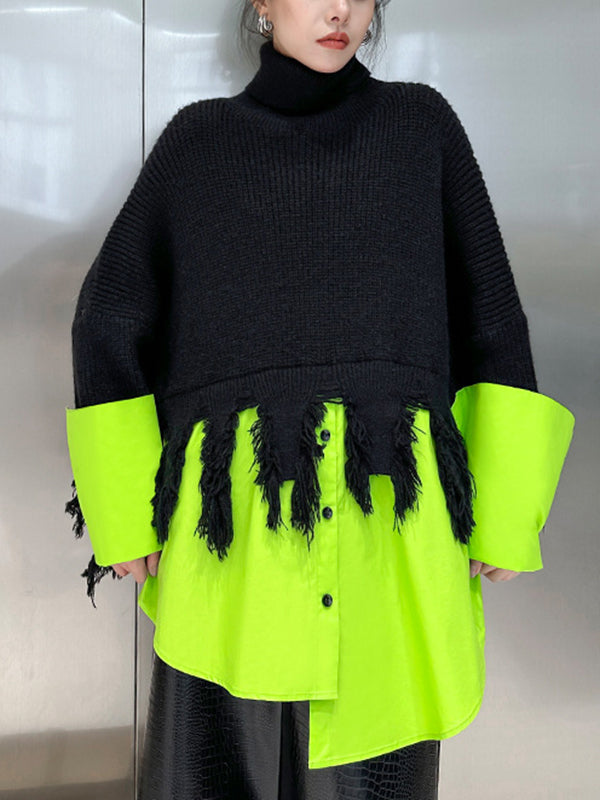 A-Line Long Sleeves Asymmetric Fringed Split-Joint High Neck Knitwear Pullovers Sweater Tops