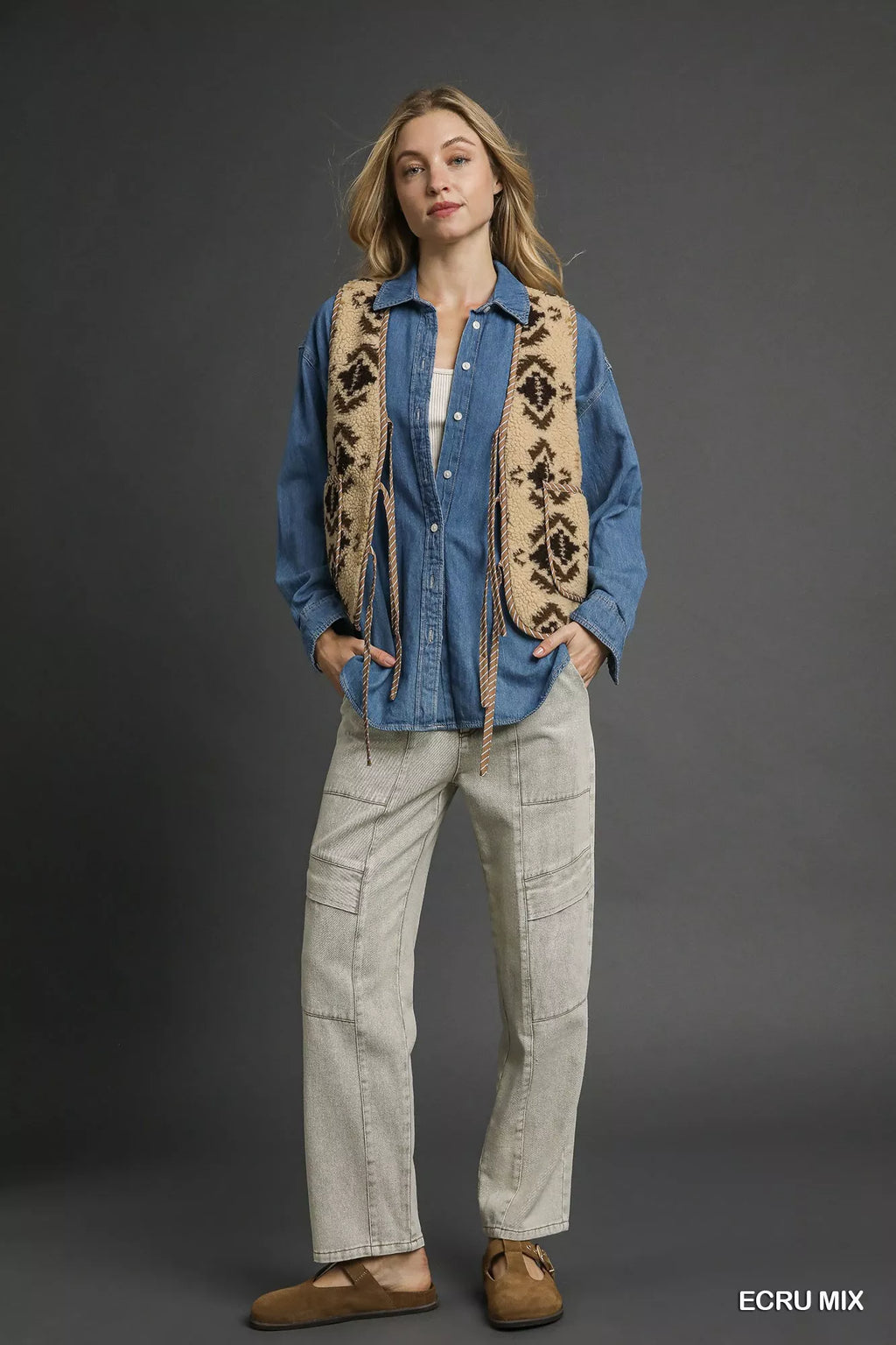 Mix Patterned Sherpa Tie-Front Vest